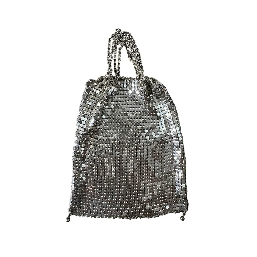 Vintage Silver Metal Mesh Evening Bag Chainmail Drawstring Pouch Ball Charms